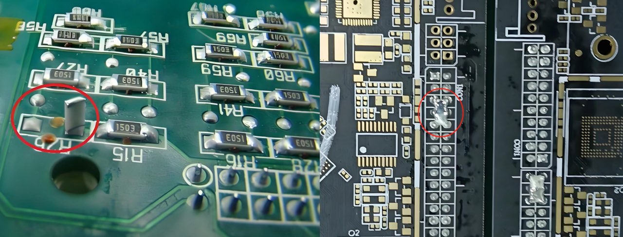 常见 SMT 装配缺陷示例,包括立碑和焊桥 常见 SMT 装配缺陷示例,包括立碑和焊桥