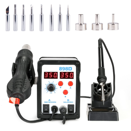 用于混合技术 PCB 组装的焊接工具,包括烙铁和热风站。 用于混合技术 PCB 组装的焊接工具,包括烙铁和热风站。