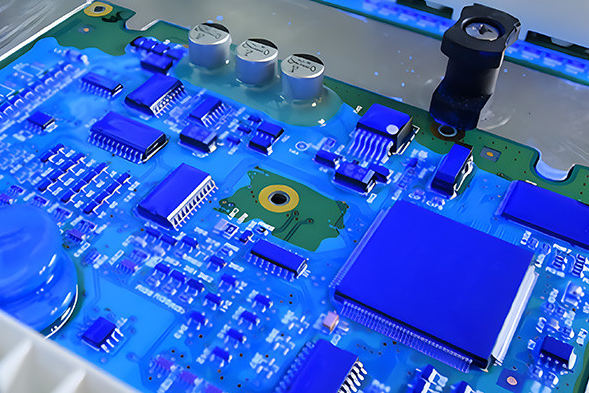 灌封 PCB 的横截面显示保护树脂层 灌封 PCB 的横截面显示保护树脂层