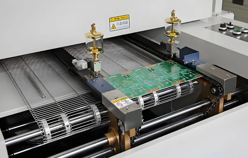 在定制回流曲线焊接期间,回流炉内的 PCB 在定制回流曲线焊接期间,回流炉内的 PCB