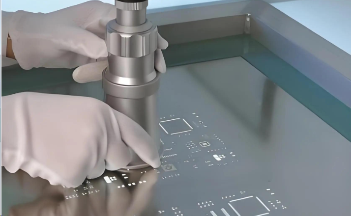 使用微型模板应用焊膏以进行 SMD 设计放置。