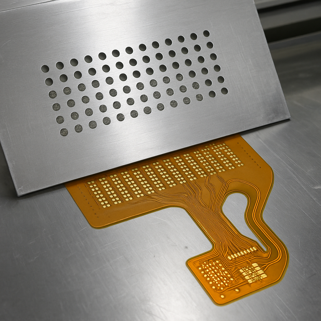 用于柔性 PCB 的模板在焊膏应用期间与柔性电路对齐。 用于柔性 PCB 的模板在焊膏应用期间与柔性电路对齐。