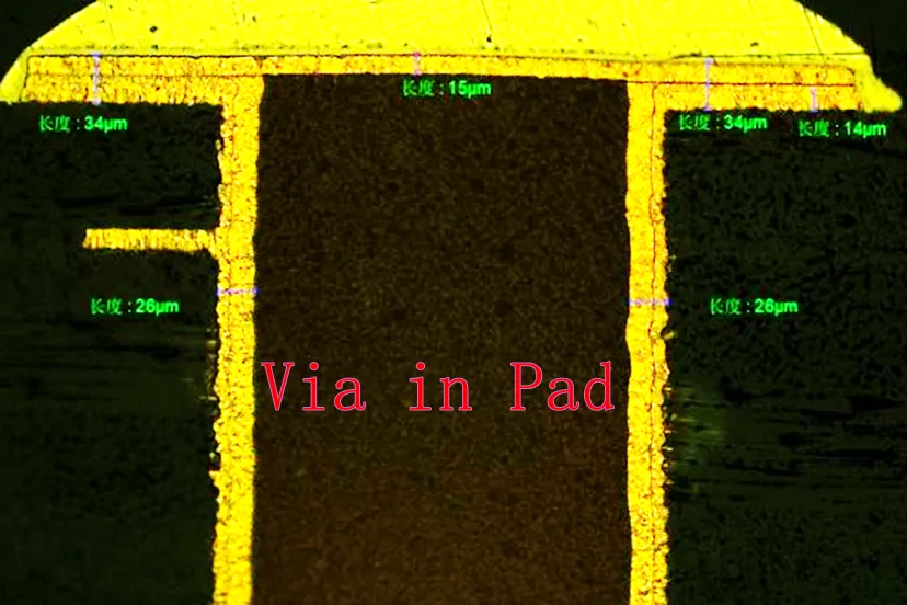 焊盘内通孔特写显微镜视图 焊盘内通孔特写显微镜视图