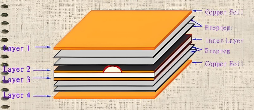 多层PCB的横截面显示预浸料层和铜迹线