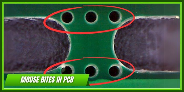 PCB分离片上鼠标咬伤穿孔设计的特写
