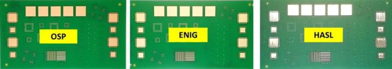 PCB 上 OSP、HASL 和 ENIG 表面光洁度的比较。