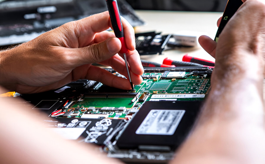 技术人员对断裂的走线进行刚柔结合 PCB 修复。