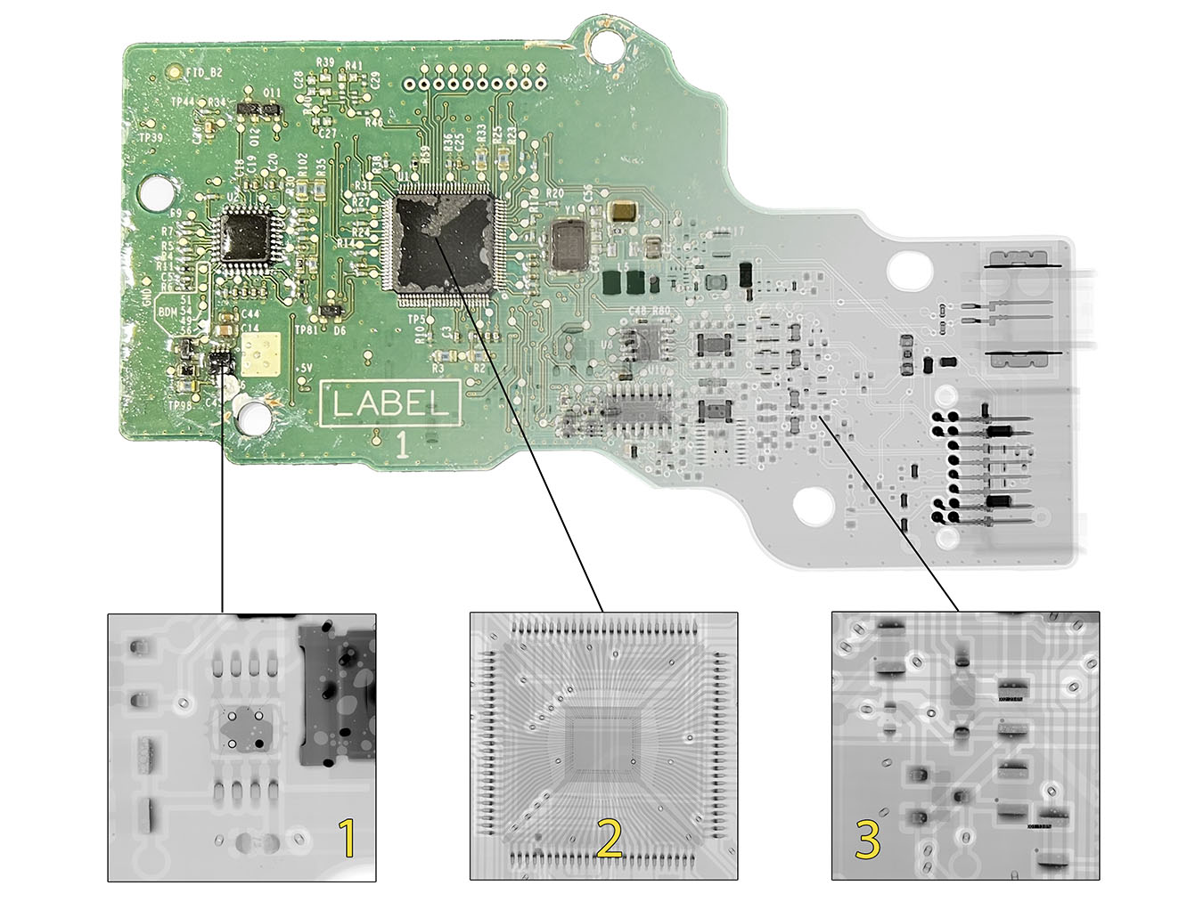 PCB X射线图像与显示隐藏缺陷的正常视图 PCB X射线图像与显示隐藏缺陷的正常视图