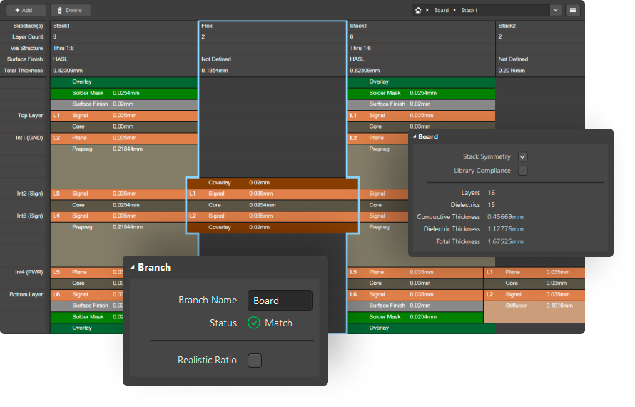 PCB stack-up editor interface for layer configuration in design software PCB stack-up editor interface for layer configuration in design software